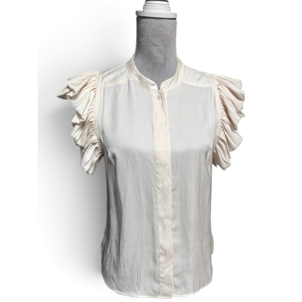 Zadig & Voltaire Tiza Cream Satin Ruffled Cap Sleeve Blouse Top Feminine Chic